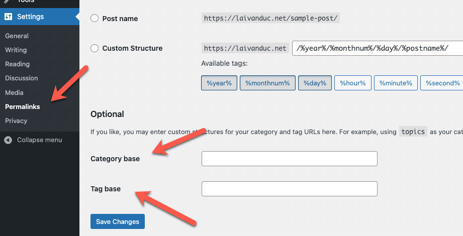 Cách thay đổi URL Category Và Tag