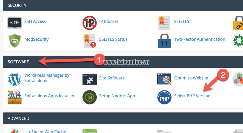 Click chọn Select PHP Version