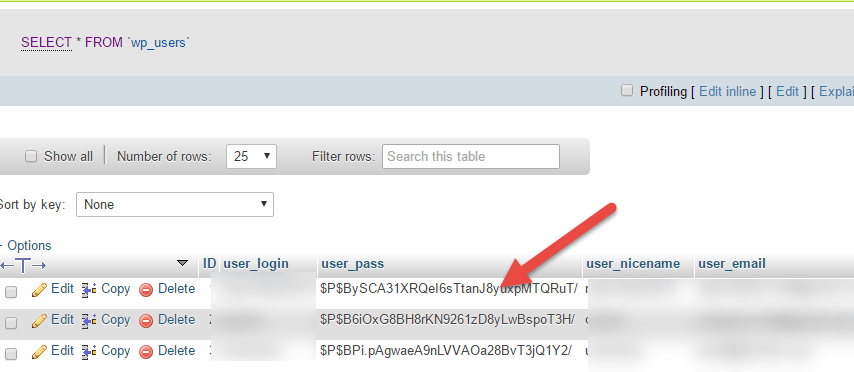 Mật khẩu đã được mã hóa dưới dạng MD5 tại cột user_pass