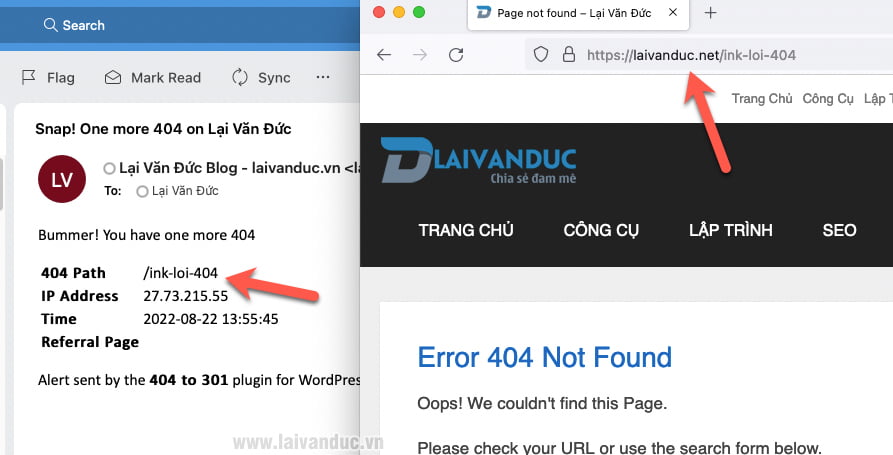 Nhận thông báo lỗi 404 về Email