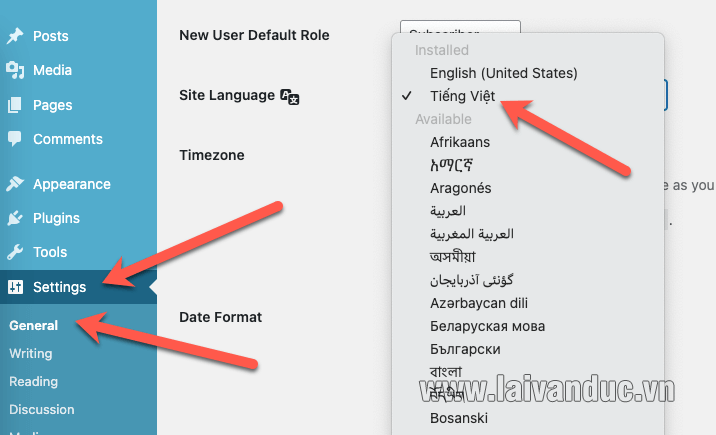 Thay đổi ngôn ngữ WordPress sang Tiếng Việt