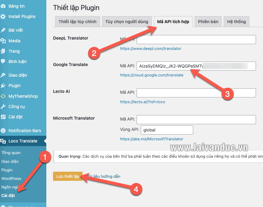 Điền API key để Việt Hoá WordPress tự động